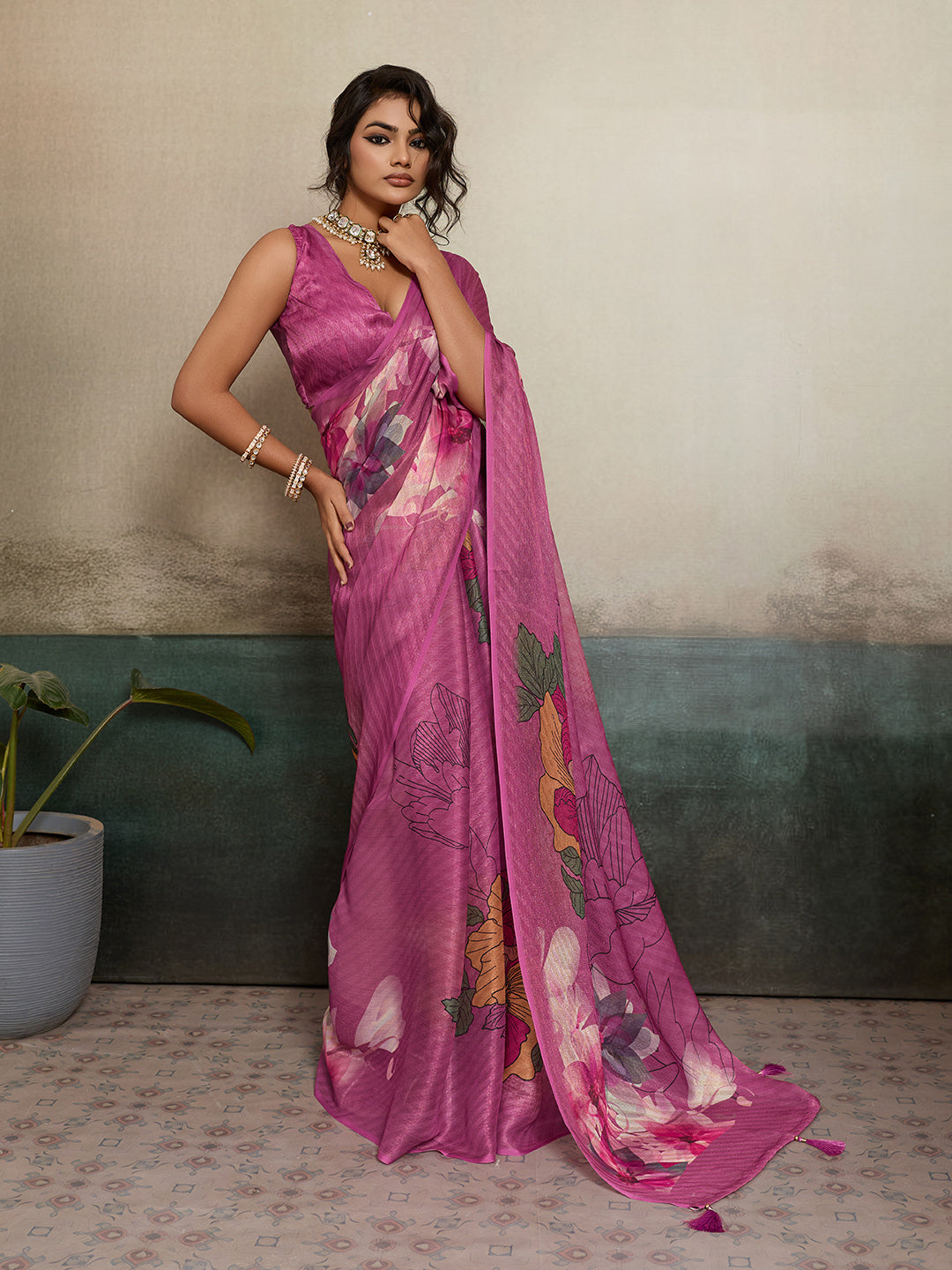 Pink Moss Floral Printed Saree