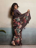 Brown Moss Floral Printed Saree sedora couture