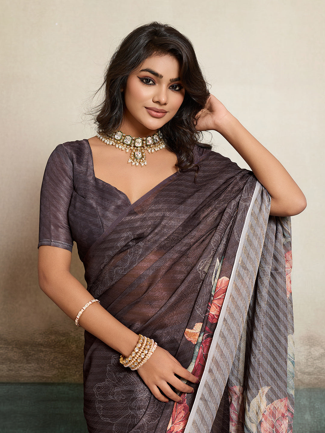 Brown Moss Floral Printed Saree sedora couture