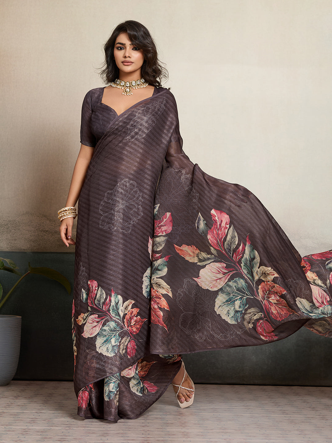 Brown Moss Floral Printed Saree