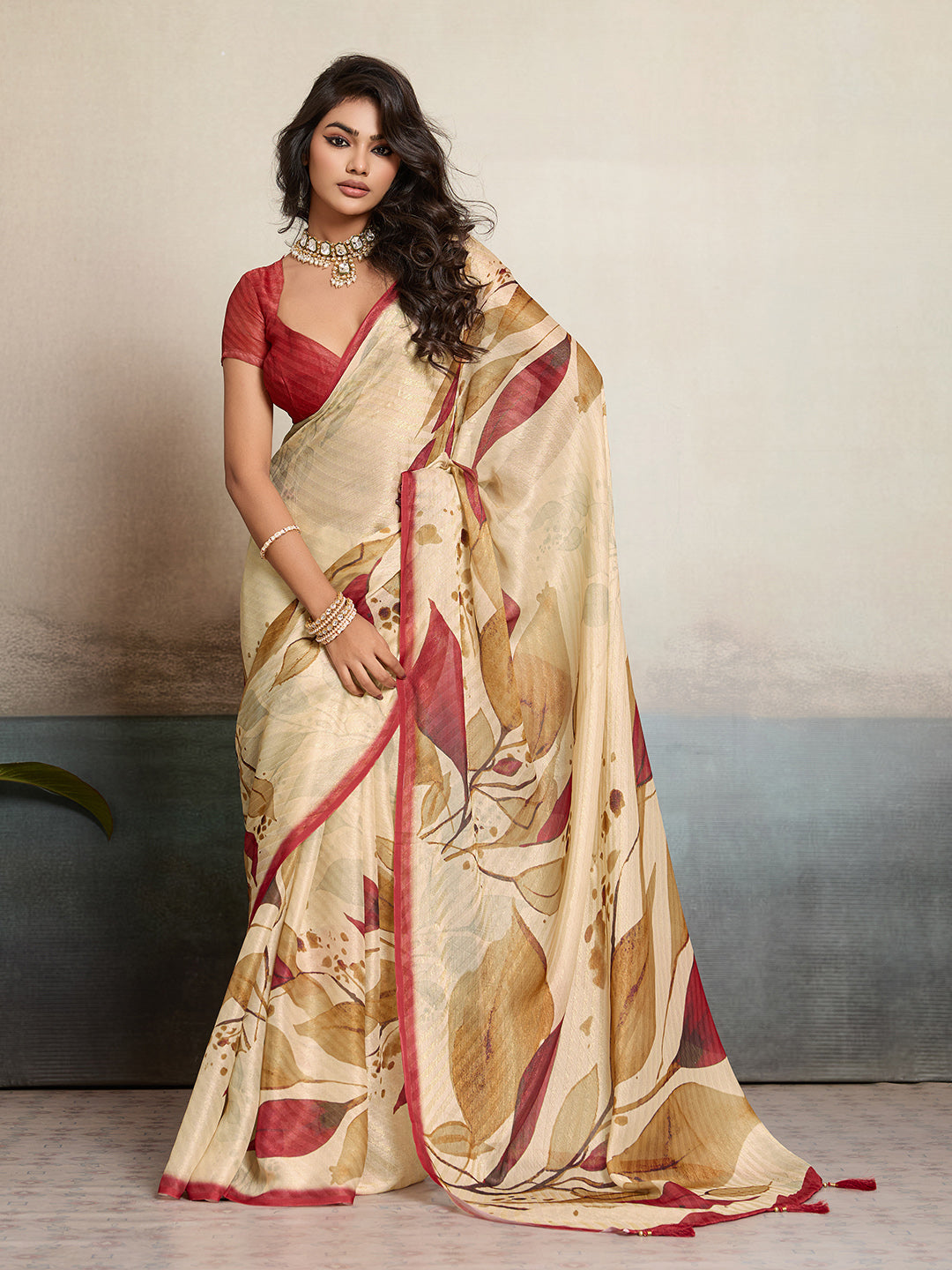 Beige Moss Floral Printed Saree