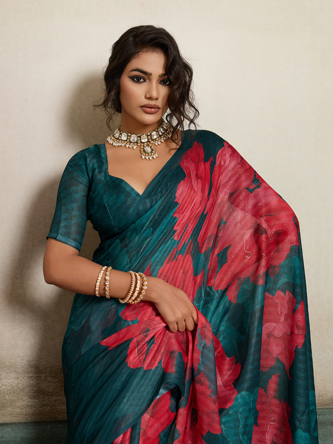 Blue Moss Floral Printed Saree