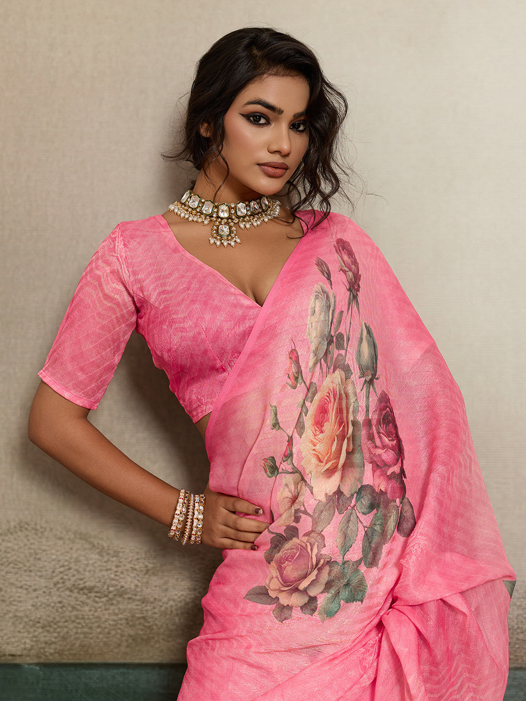 Pink Moss Floral Printed Saree