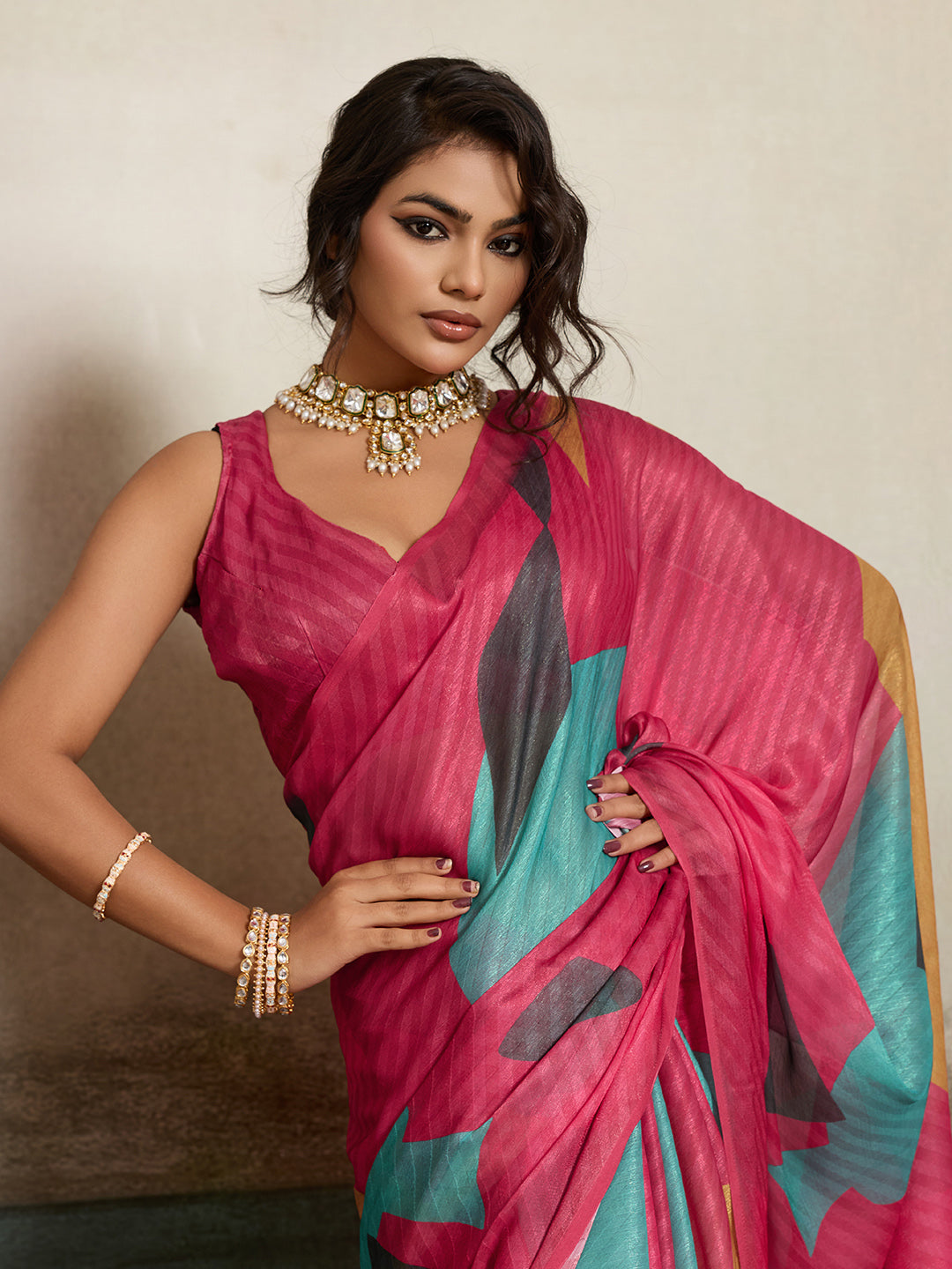 Pink Moss Floral Printed Saree