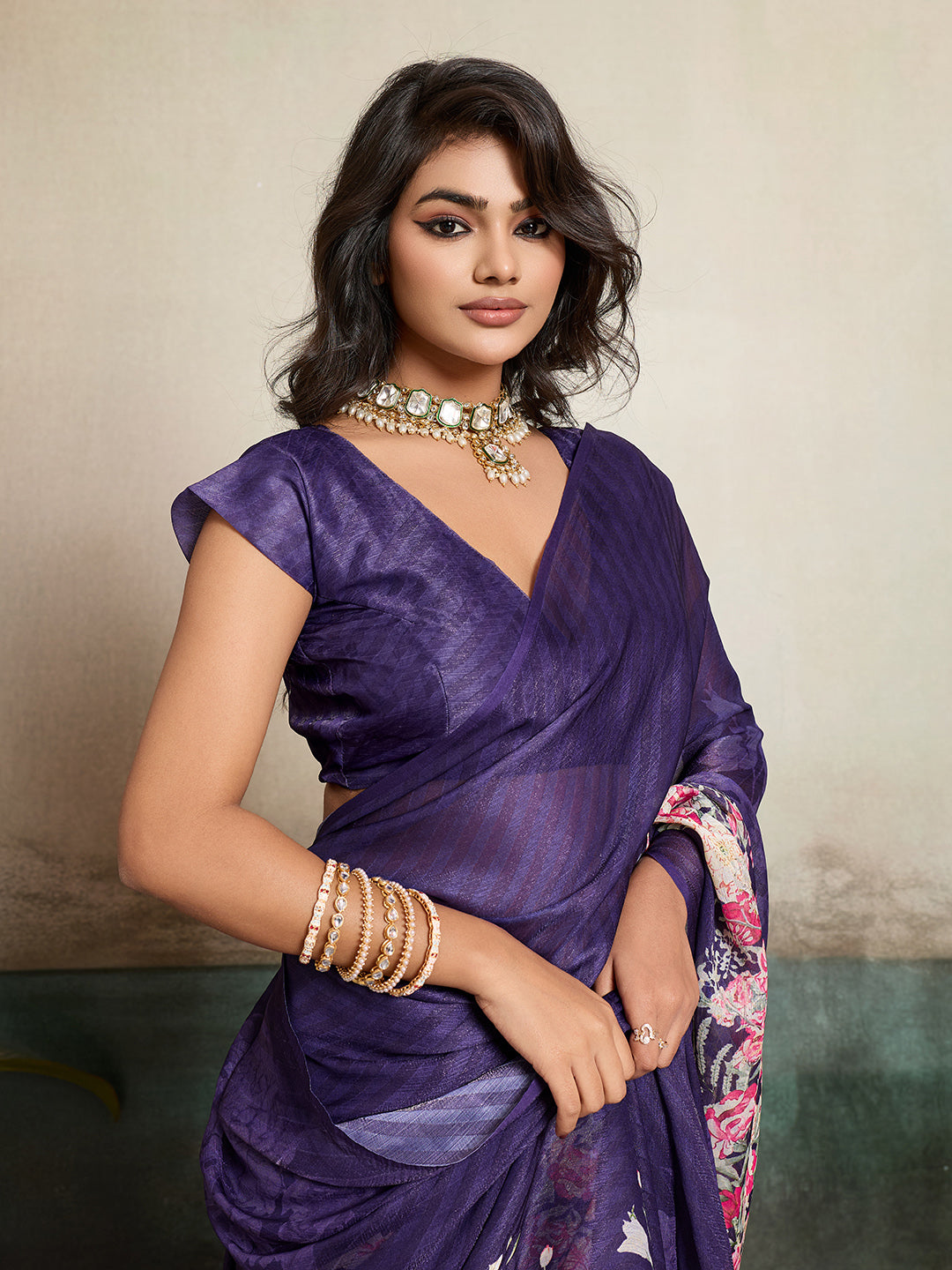 Purple Moss Floral Printed Saree