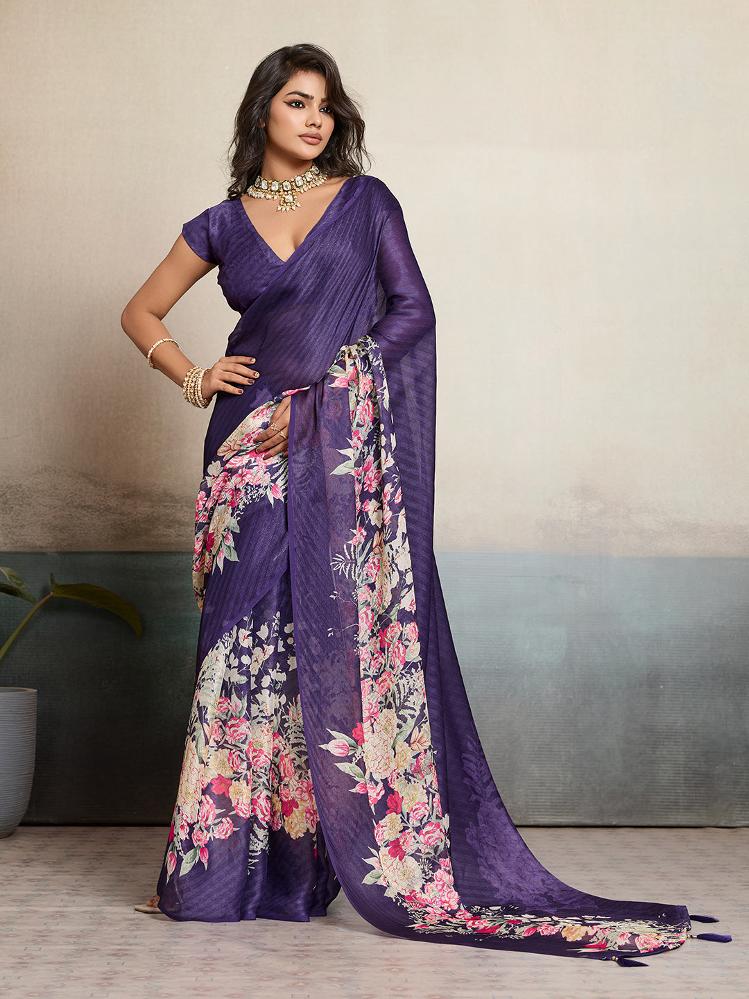 Purple Moss Floral Printed Saree sedora couture