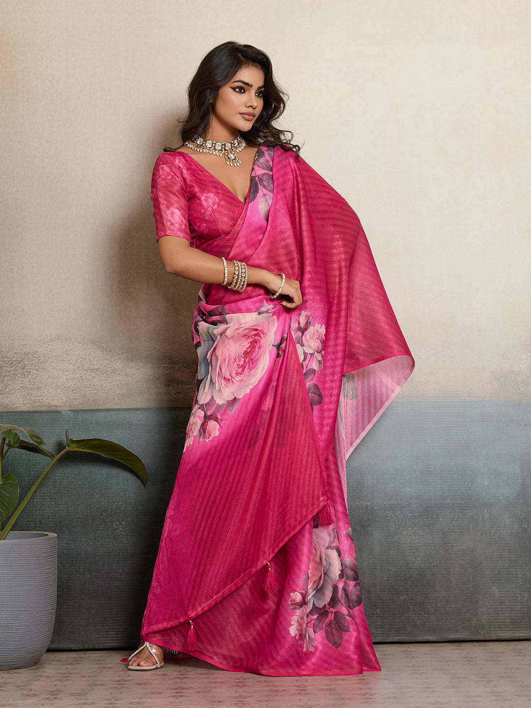 Pink Moss Floral Printed Saree