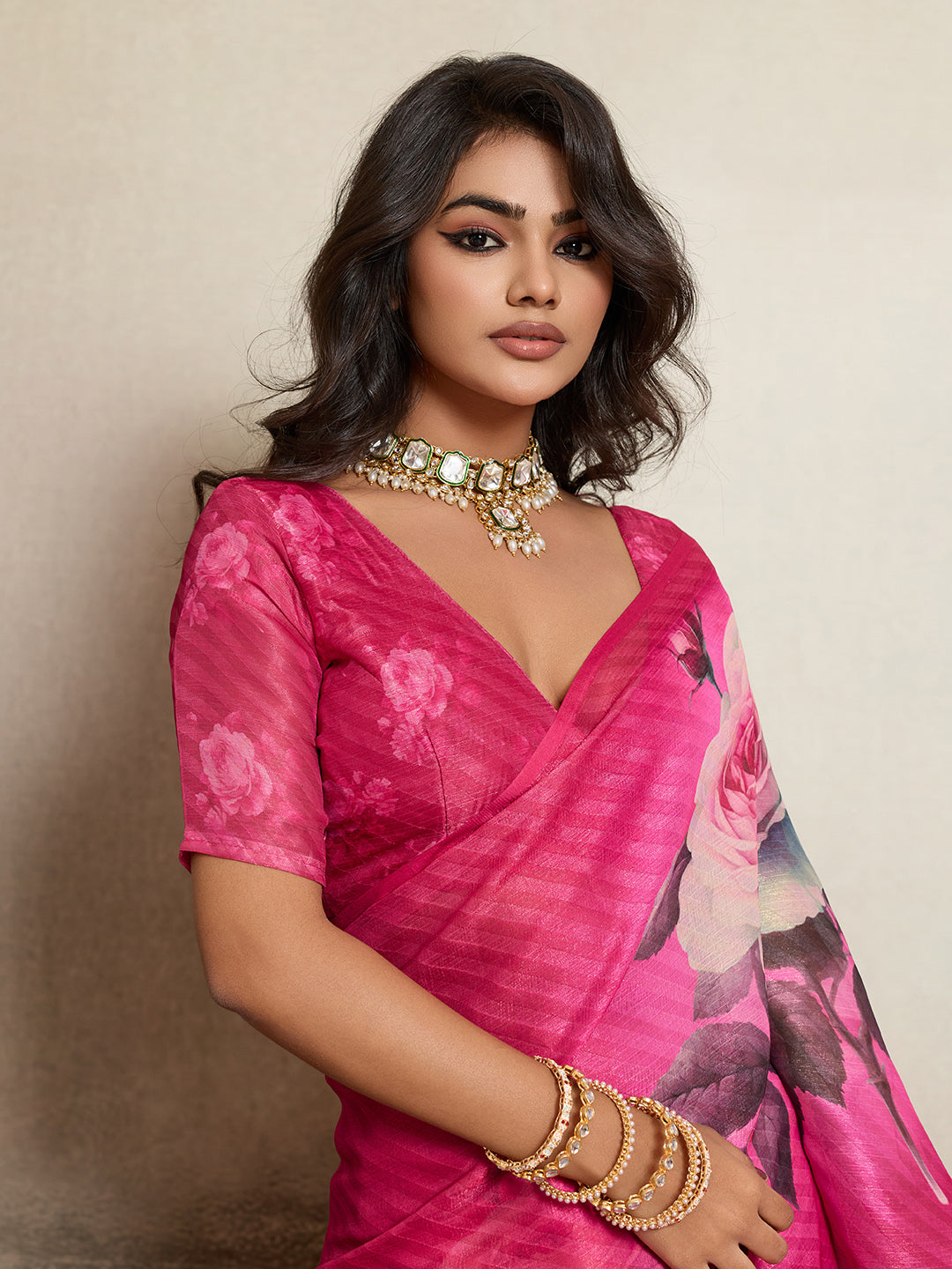 Pink Moss Floral Printed Saree