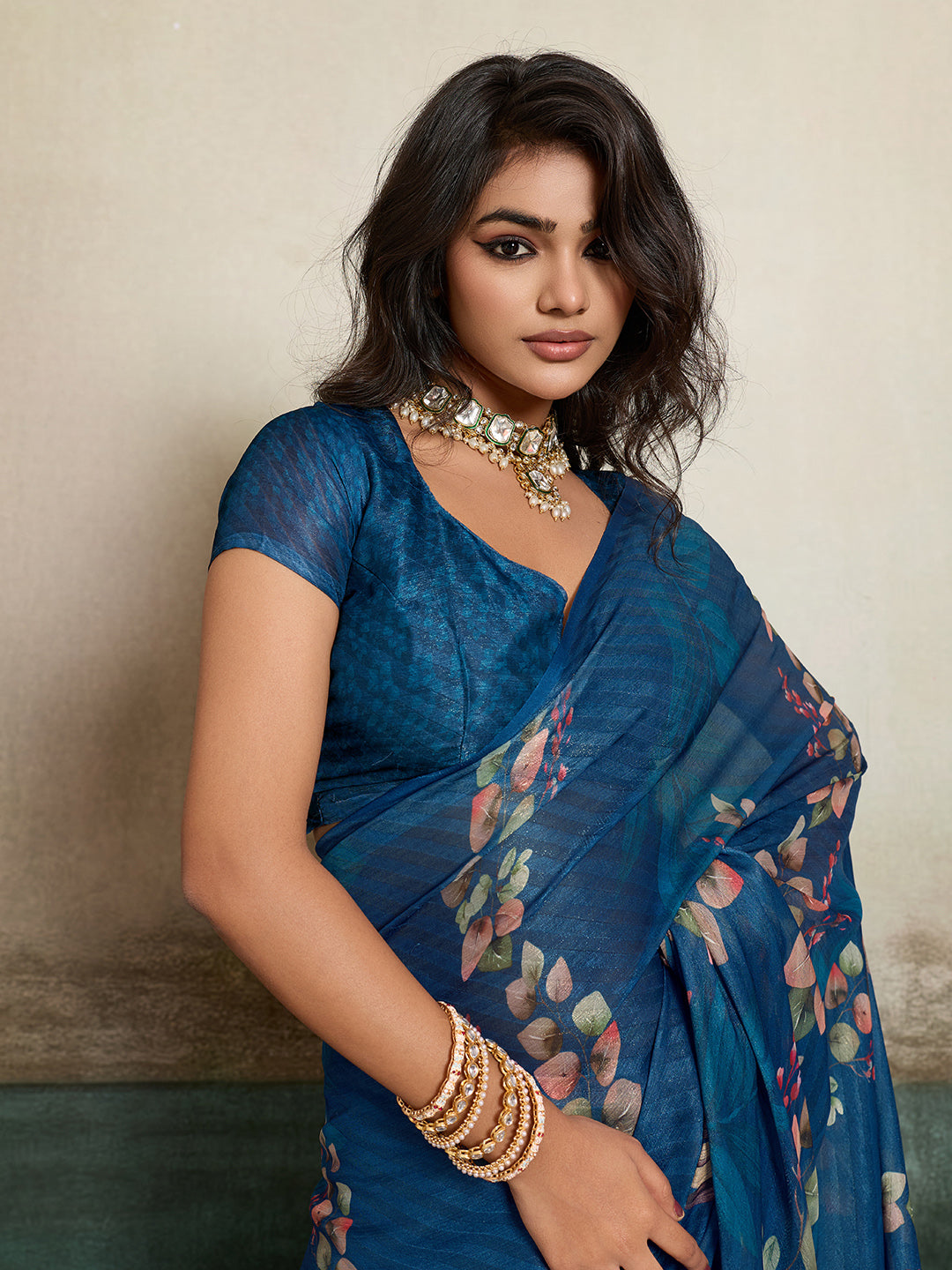 Blue Moss Floral Printed Saree
