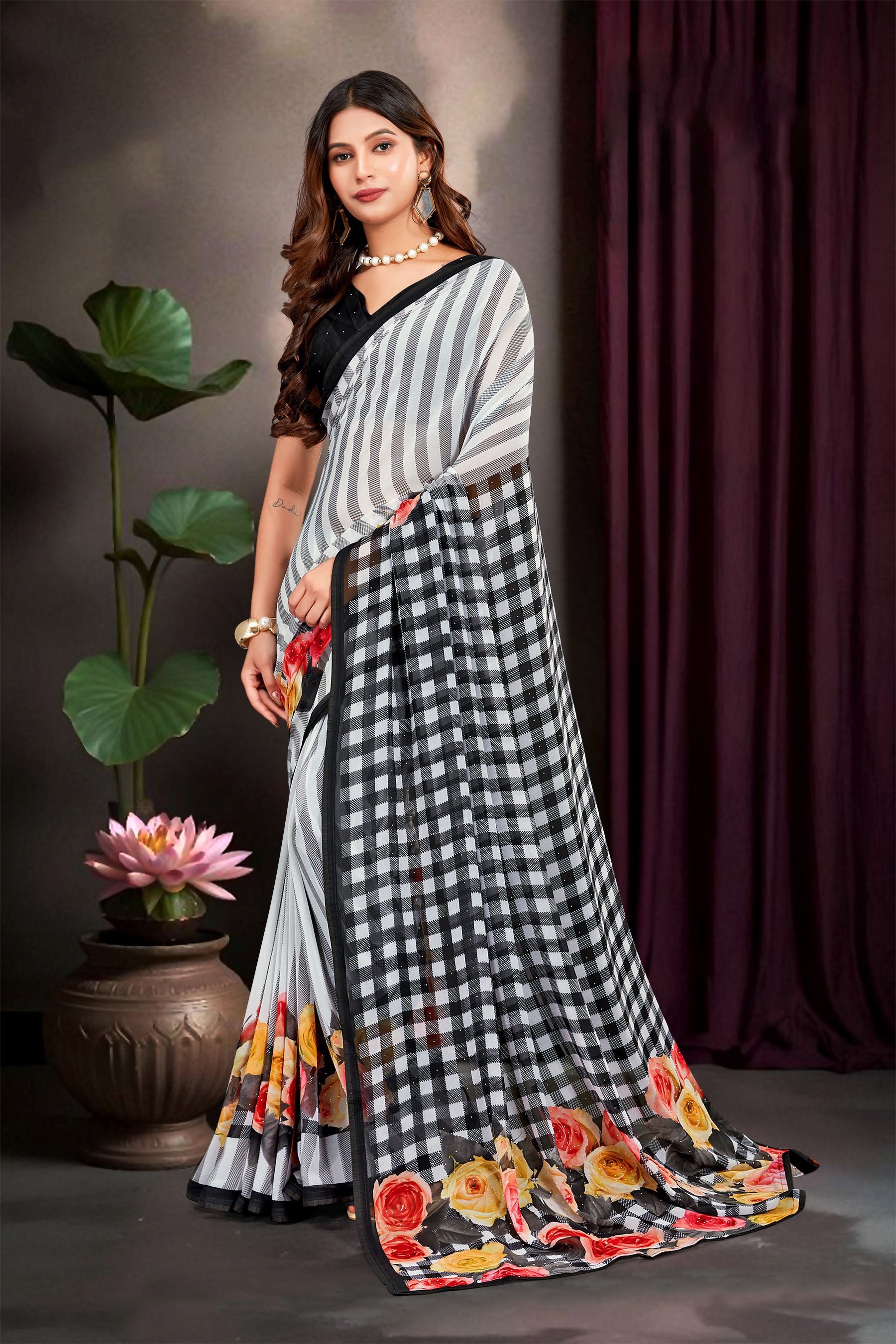 Grey Georgette Floral Printed Saree
