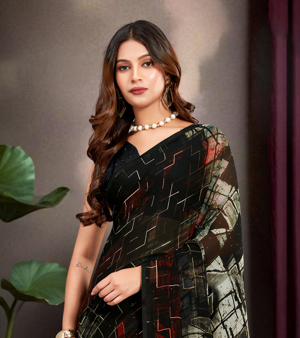 Black Georgette Abstract Printed Saree