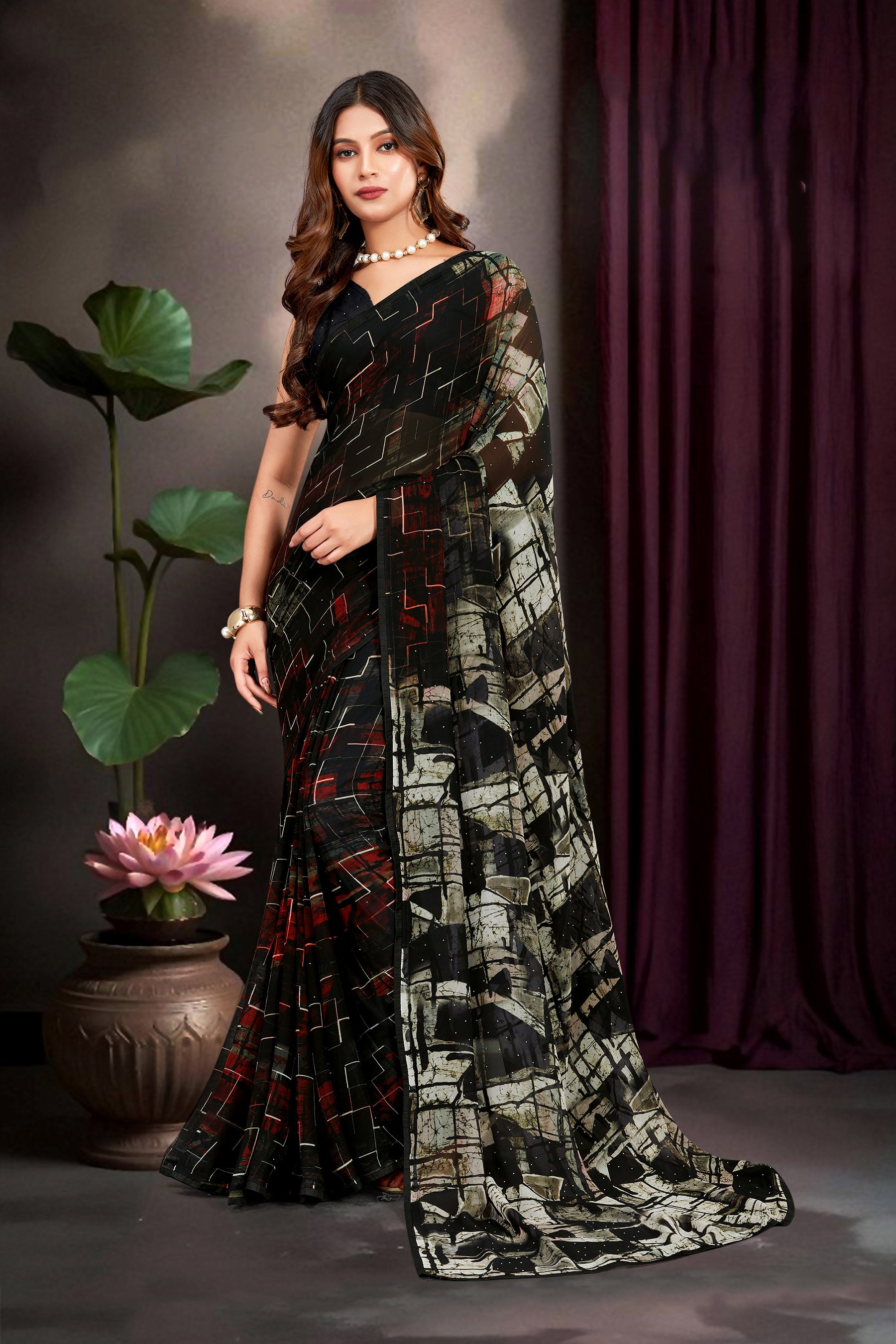 Black Georgette Abstract Printed Saree