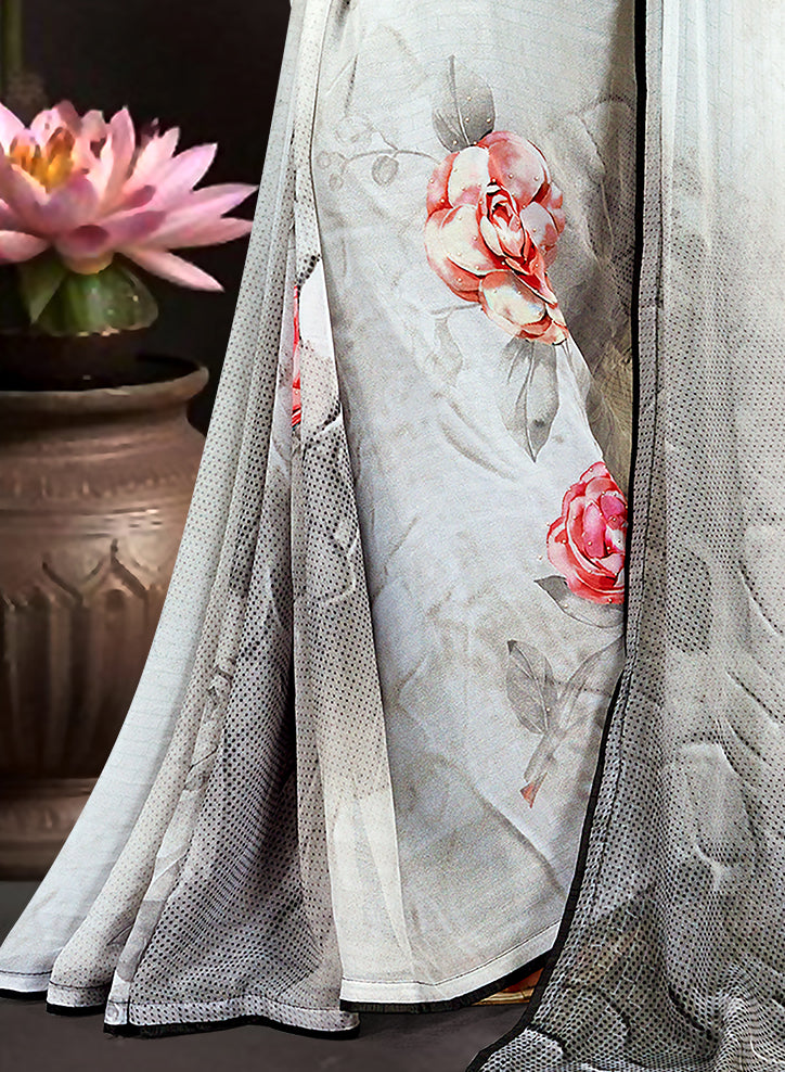 Grey Georgette Floral Printed Saree