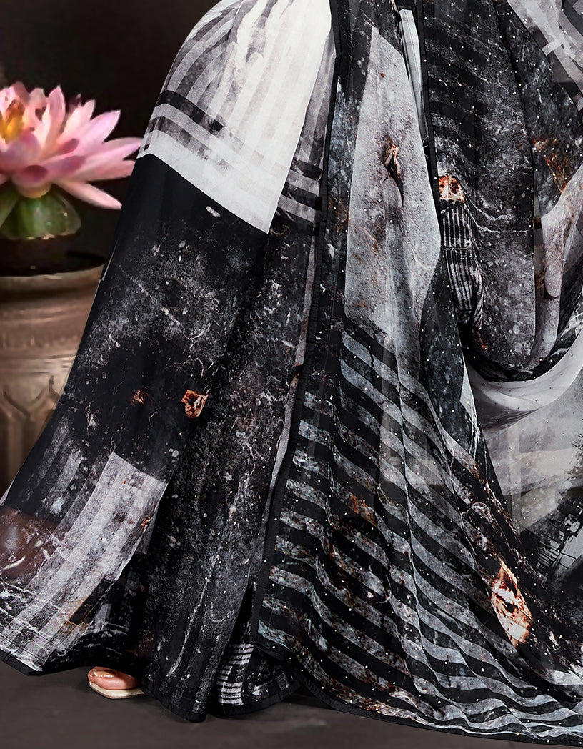 Grey Georgette Abstract Printed Saree