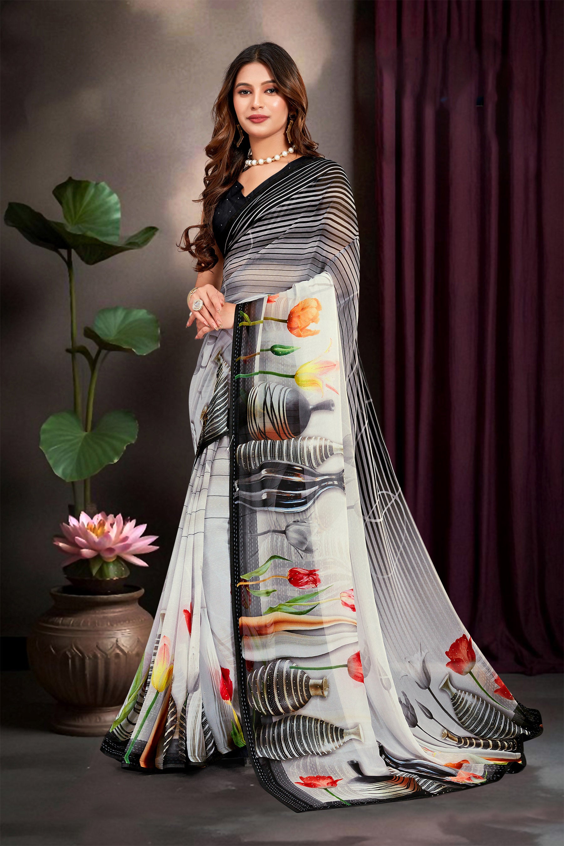 Grey Georgette Floral Printed Saree