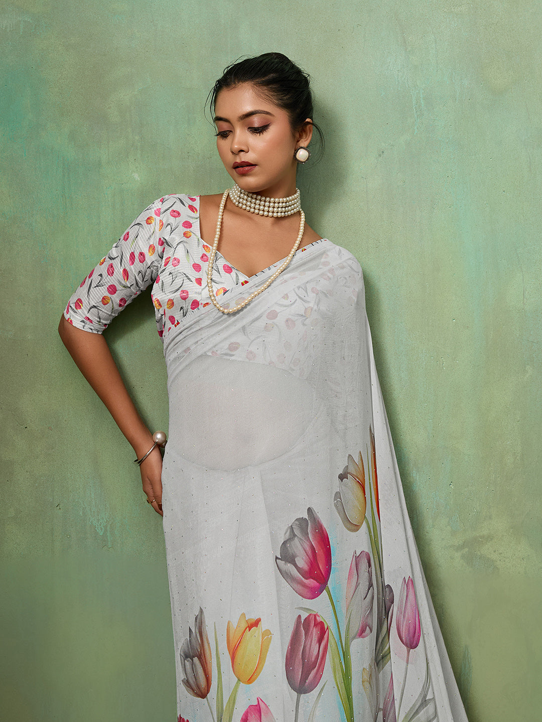 White Georgette Floral Printed Saree sedora couture