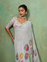 White Georgette Floral Printed Saree sedora couture