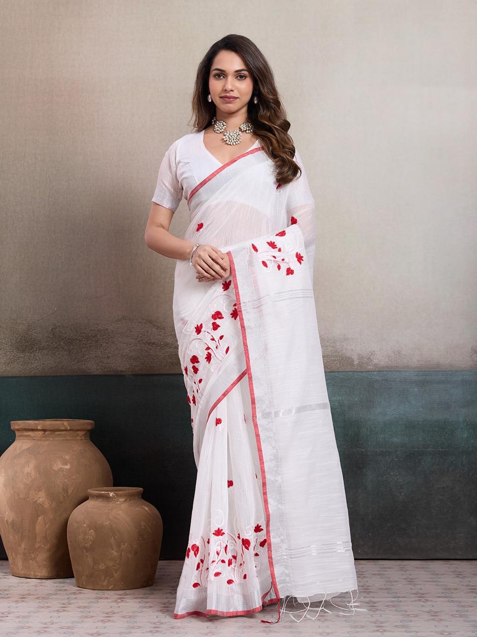 Cotton White Floral Embroidery saree