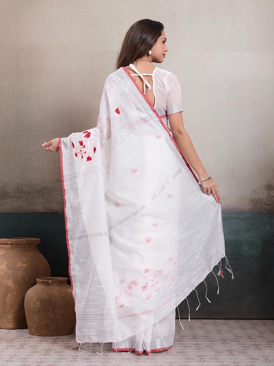 Cotton White Floral Embroidery saree