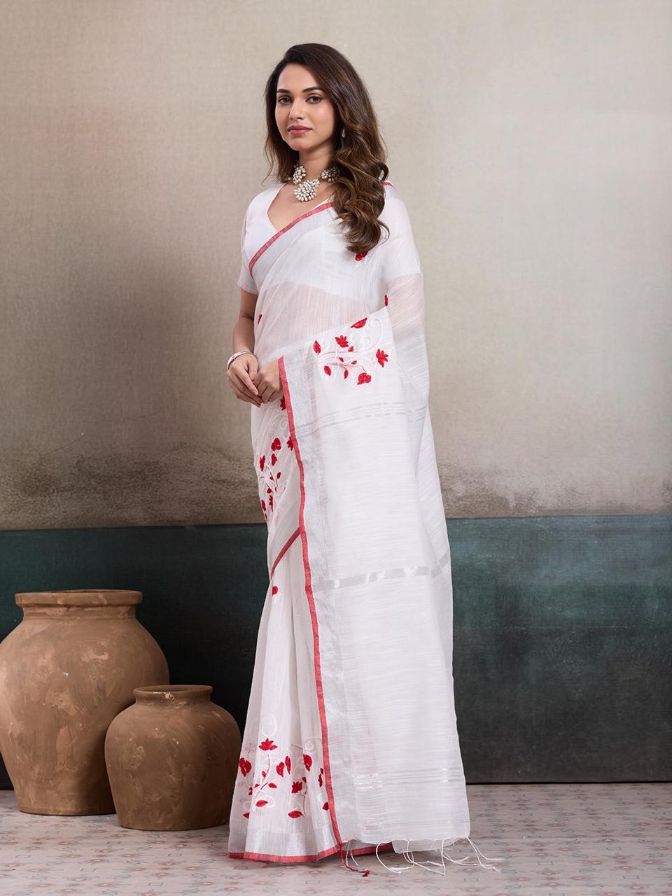 Cotton White Floral Embroidery saree