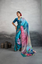Chic Blue Satin Silk Saree with Digital Print sedoracouture