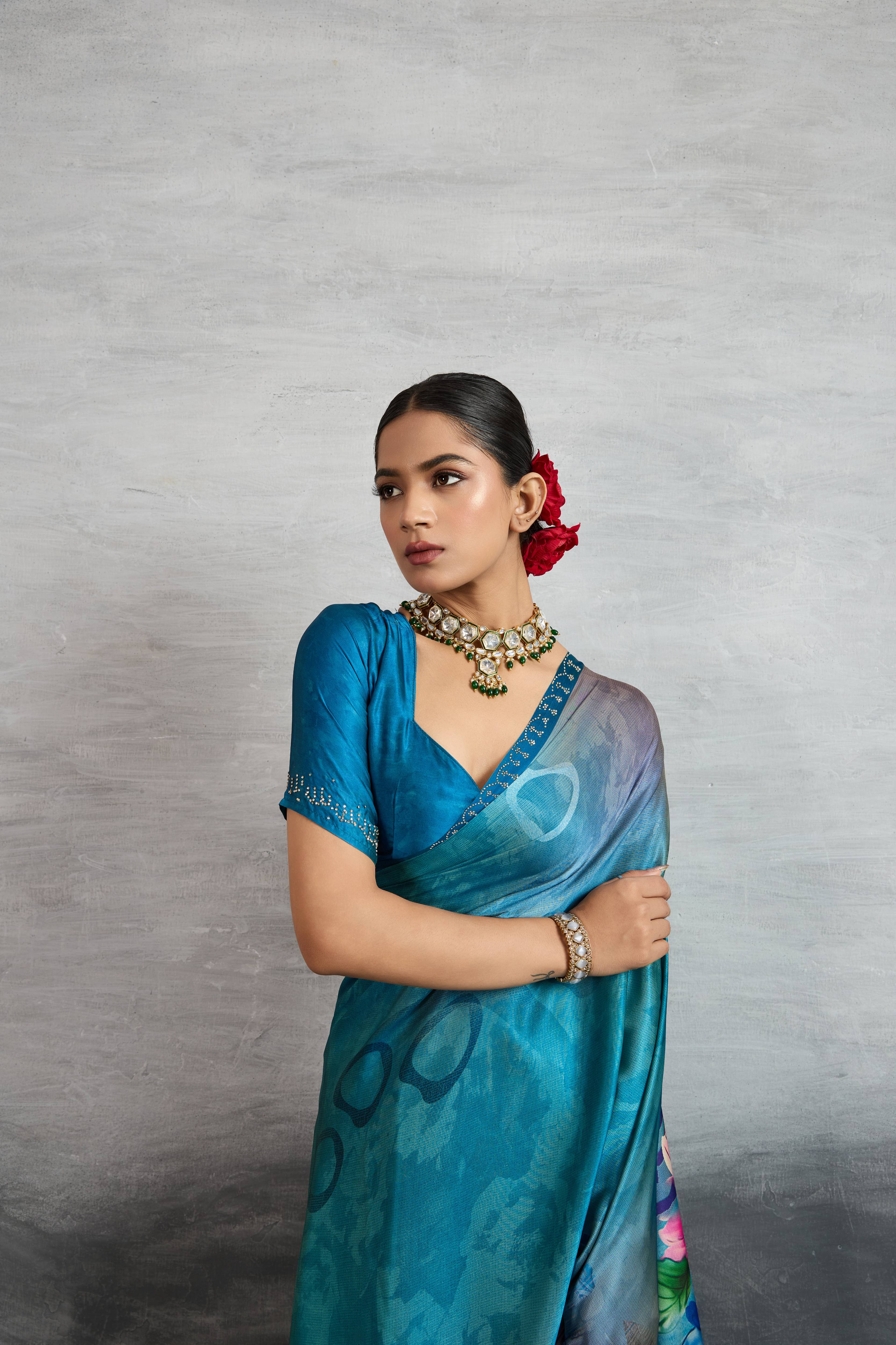 Chic Blue Satin Silk Saree with Digital Print