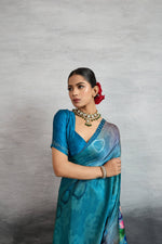 Chic Blue Satin Silk Saree with Digital Print sedoracouture