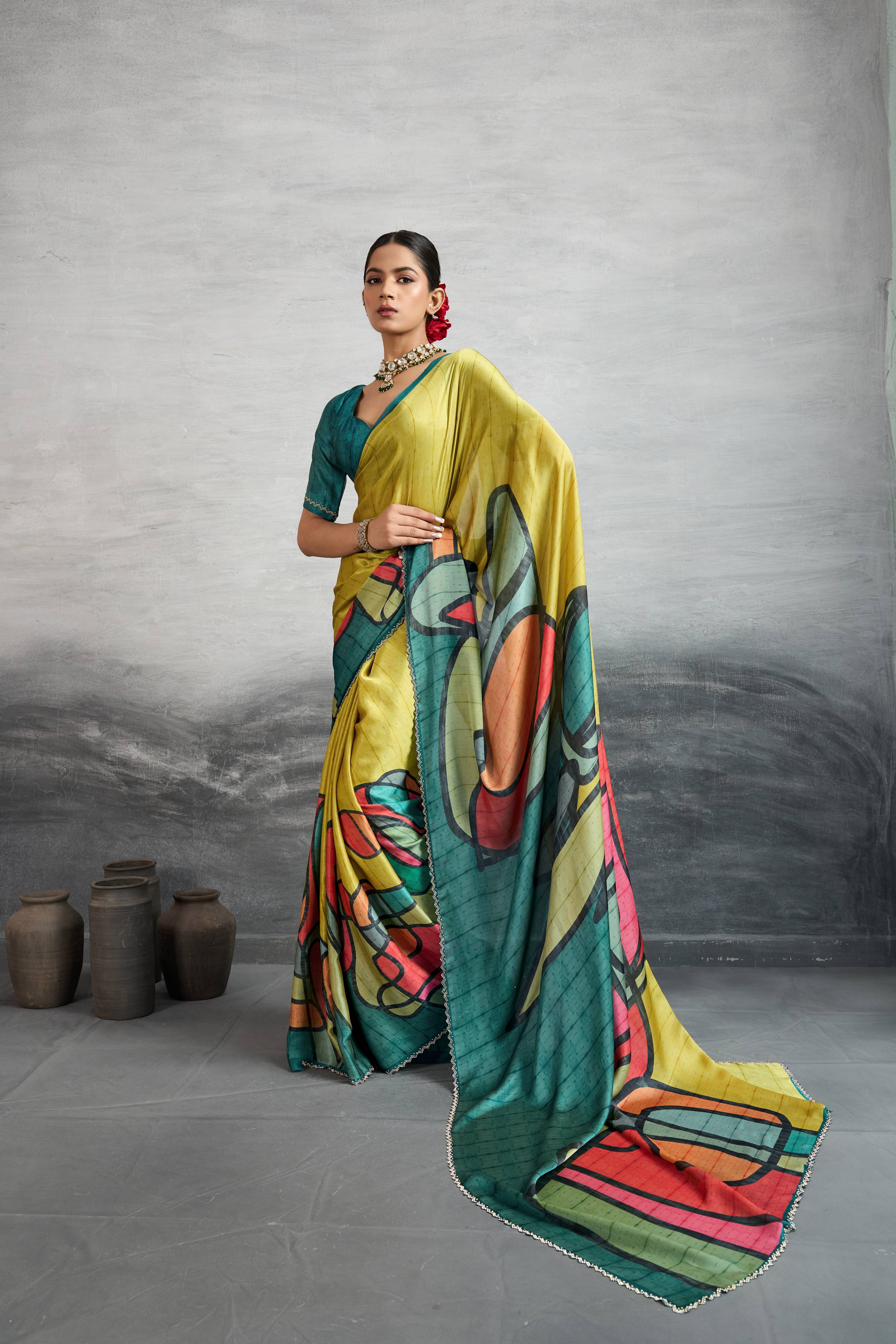 Graceful Yellow Satin Silk Saree with Digital Prints