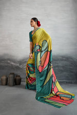 Graceful Yellow Satin Silk Saree with Digital Prints sedoracouture