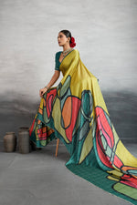 Graceful Yellow Satin Silk Saree with Digital Prints sedoracouture