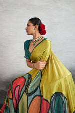 Graceful Yellow Satin Silk Saree with Digital Prints sedoracouture