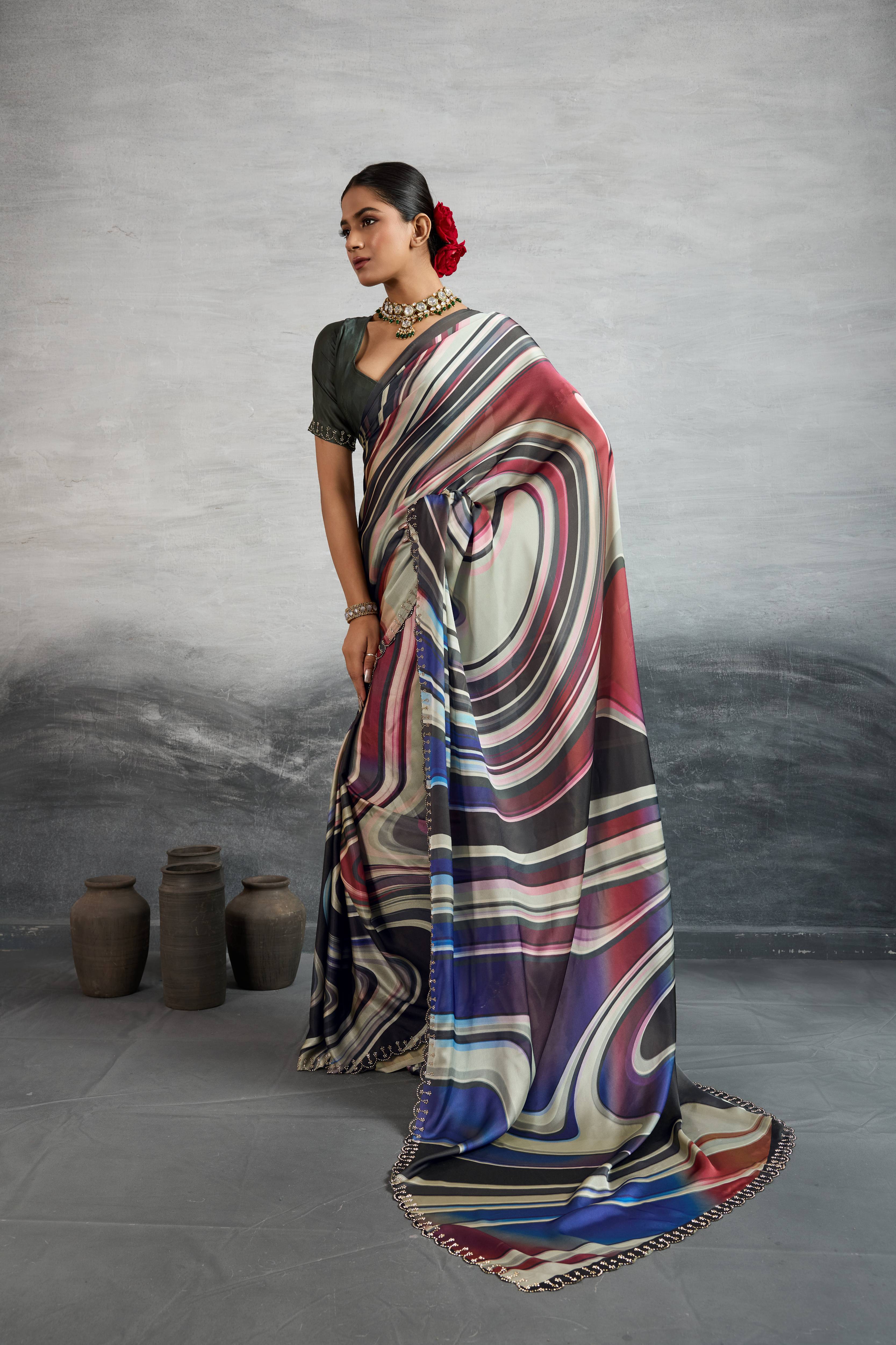Vibrant Multicolour Satin Silk Saree with Digital Prints sedoracouture