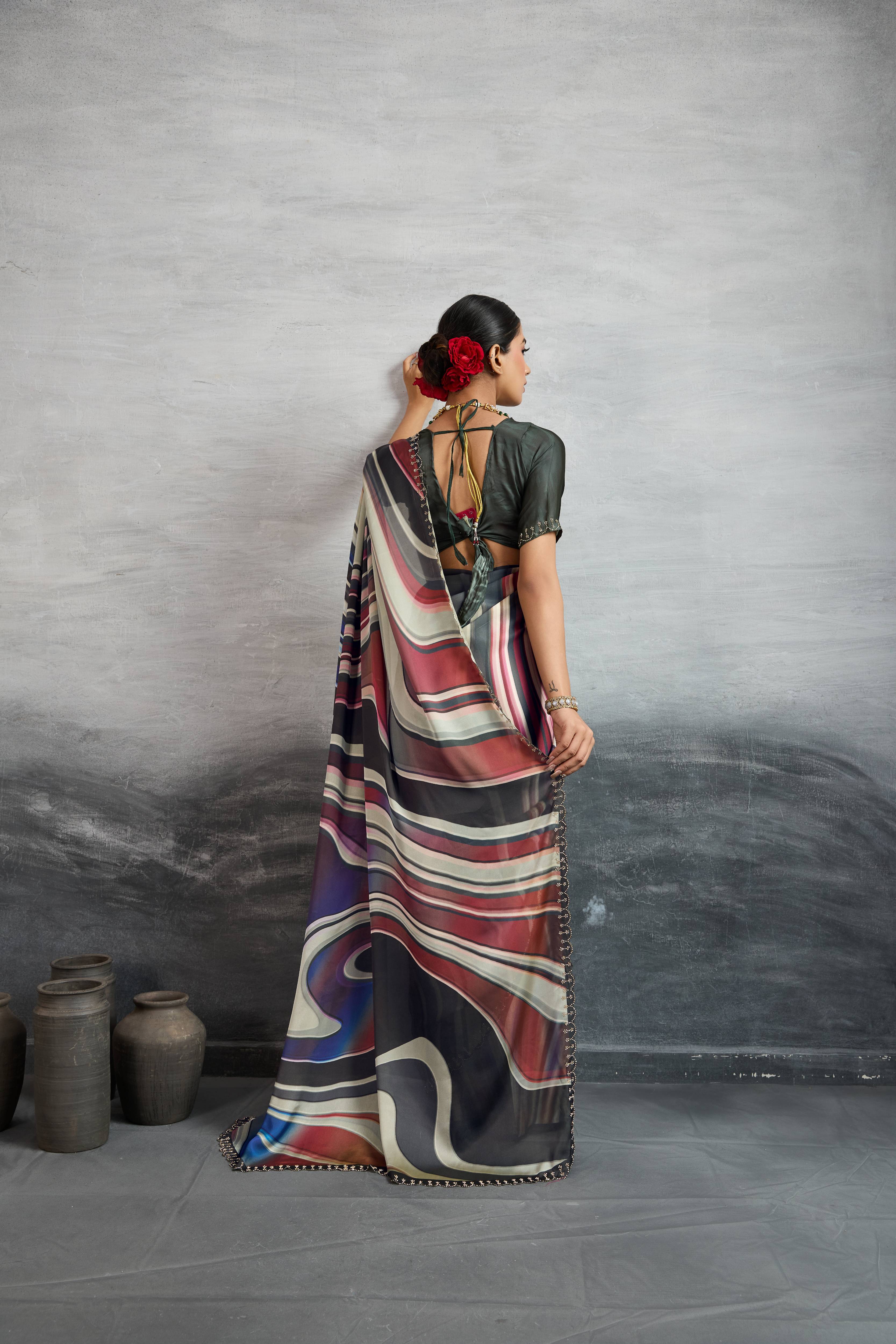 Vibrant Multicolour Satin Silk Saree with Digital Prints sedoracouture