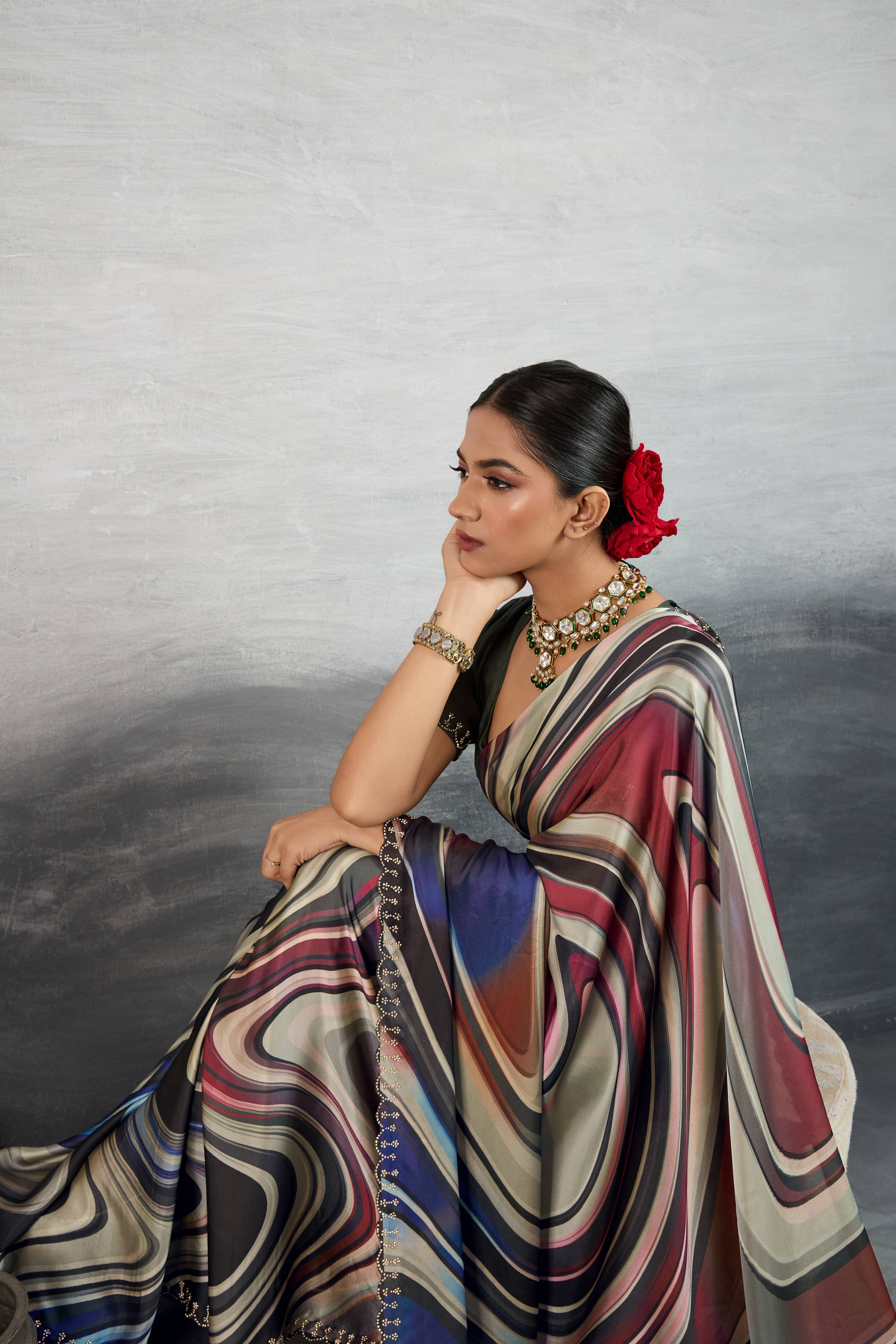 Vibrant Multicolour Satin Silk Saree with Digital Prints sedoracouture