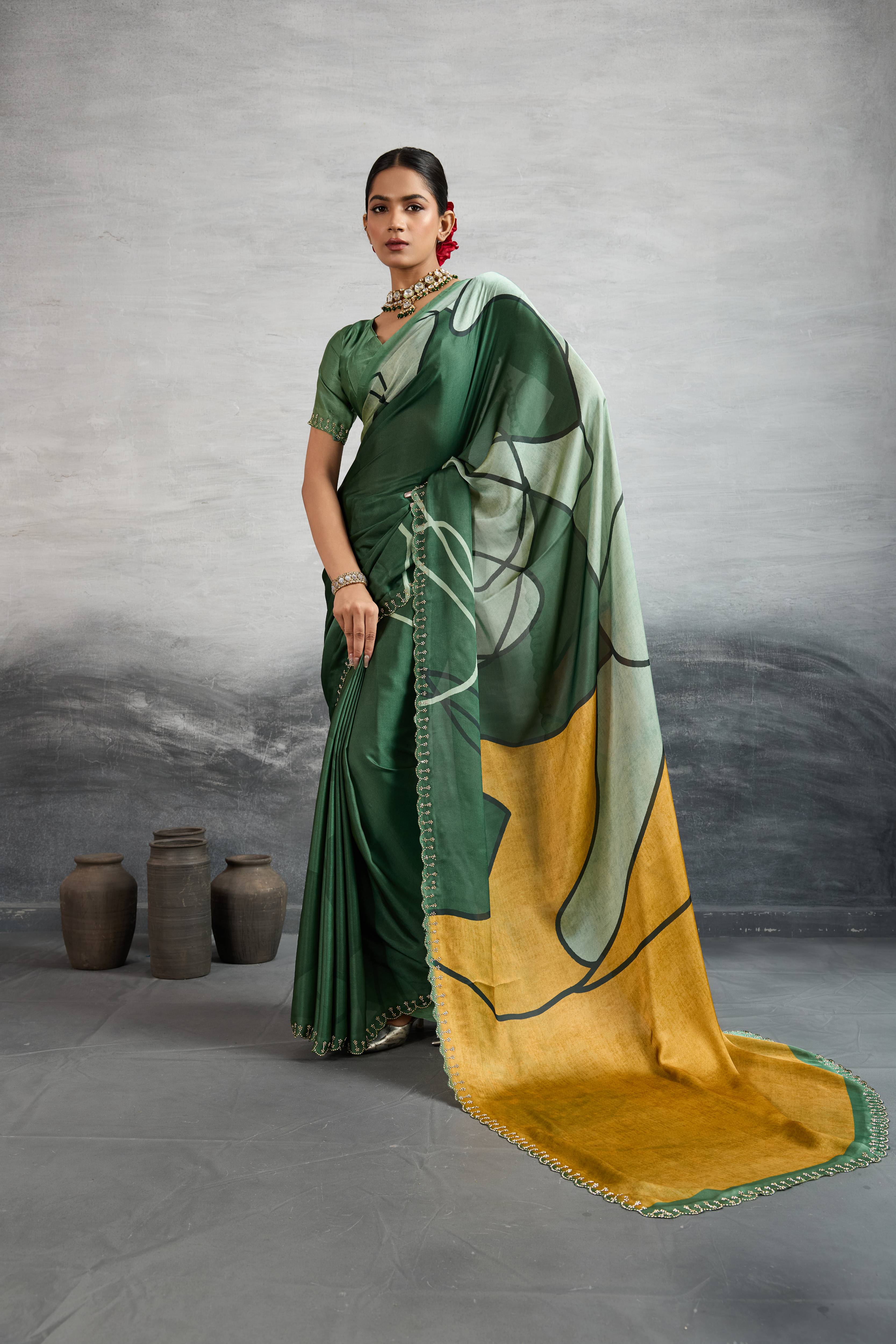 Elegant Green Satin Silk Saree with Digital Prints