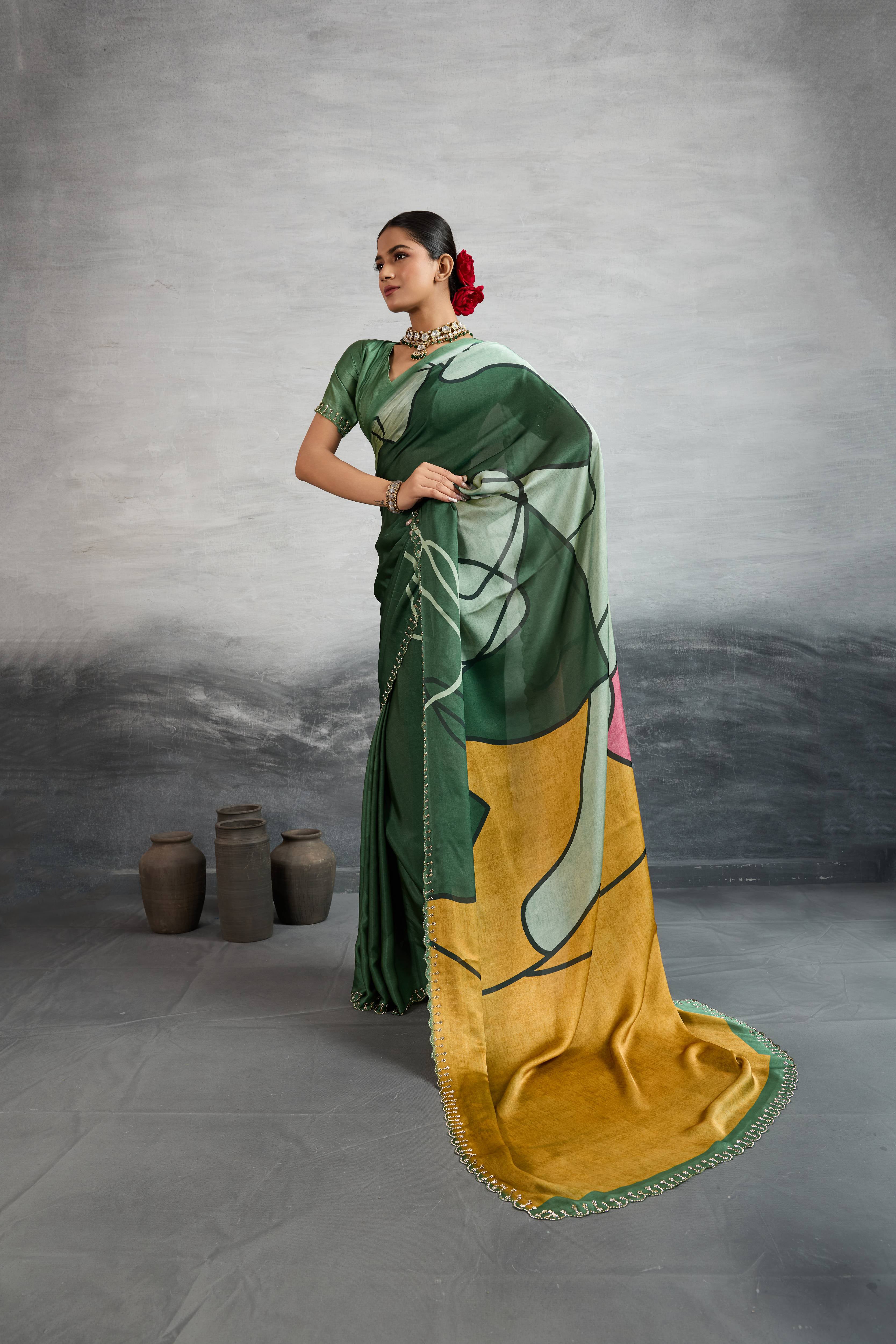 Elegant Green Satin Silk Saree with Digital Prints