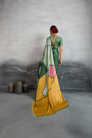 Elegant Green Satin Silk Saree with Digital Prints