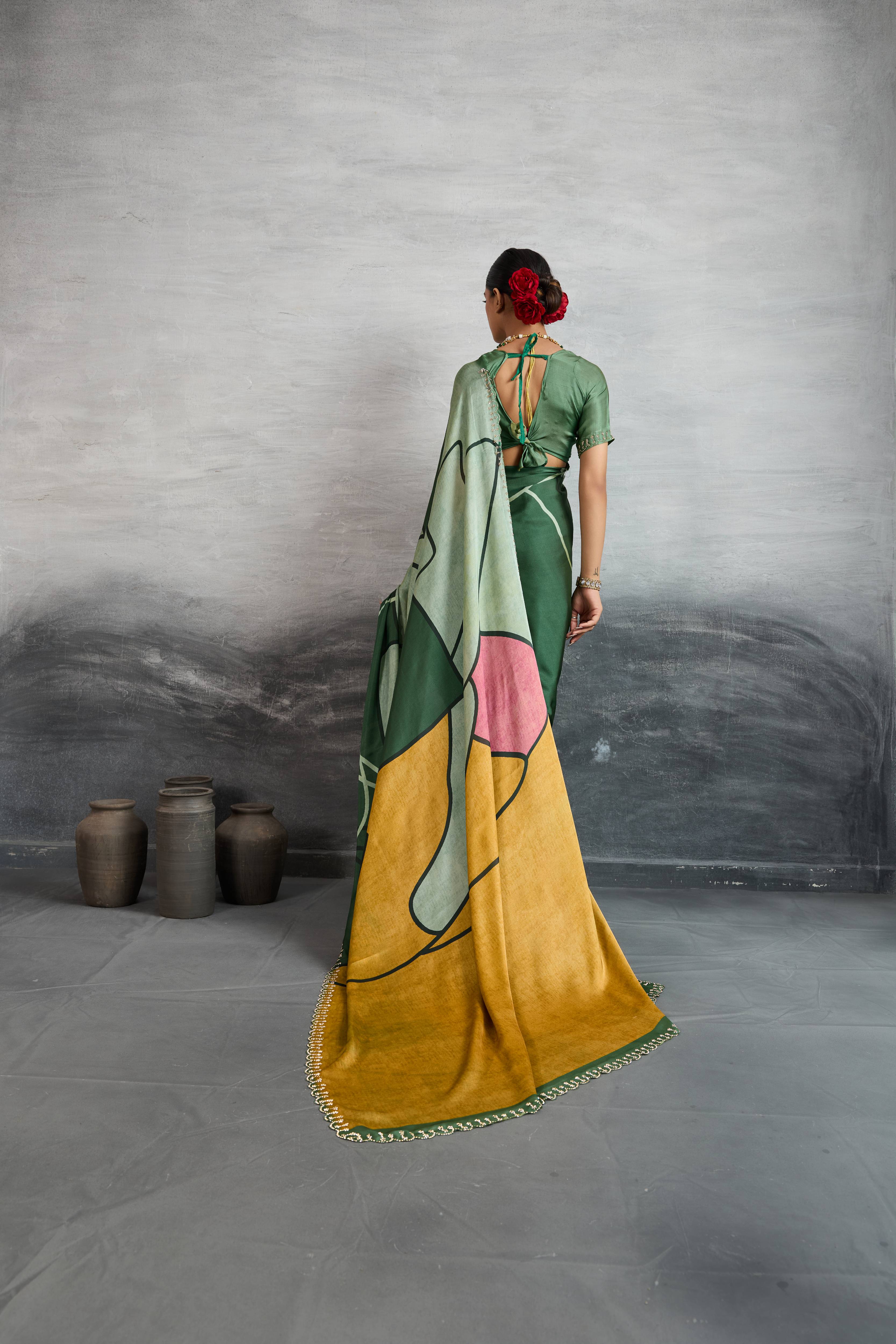 Elegant Green Satin Silk Saree with Digital Prints