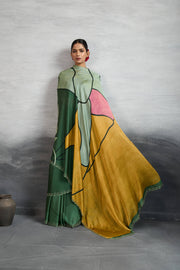 Elegant Green Satin Silk Saree with Digital Prints