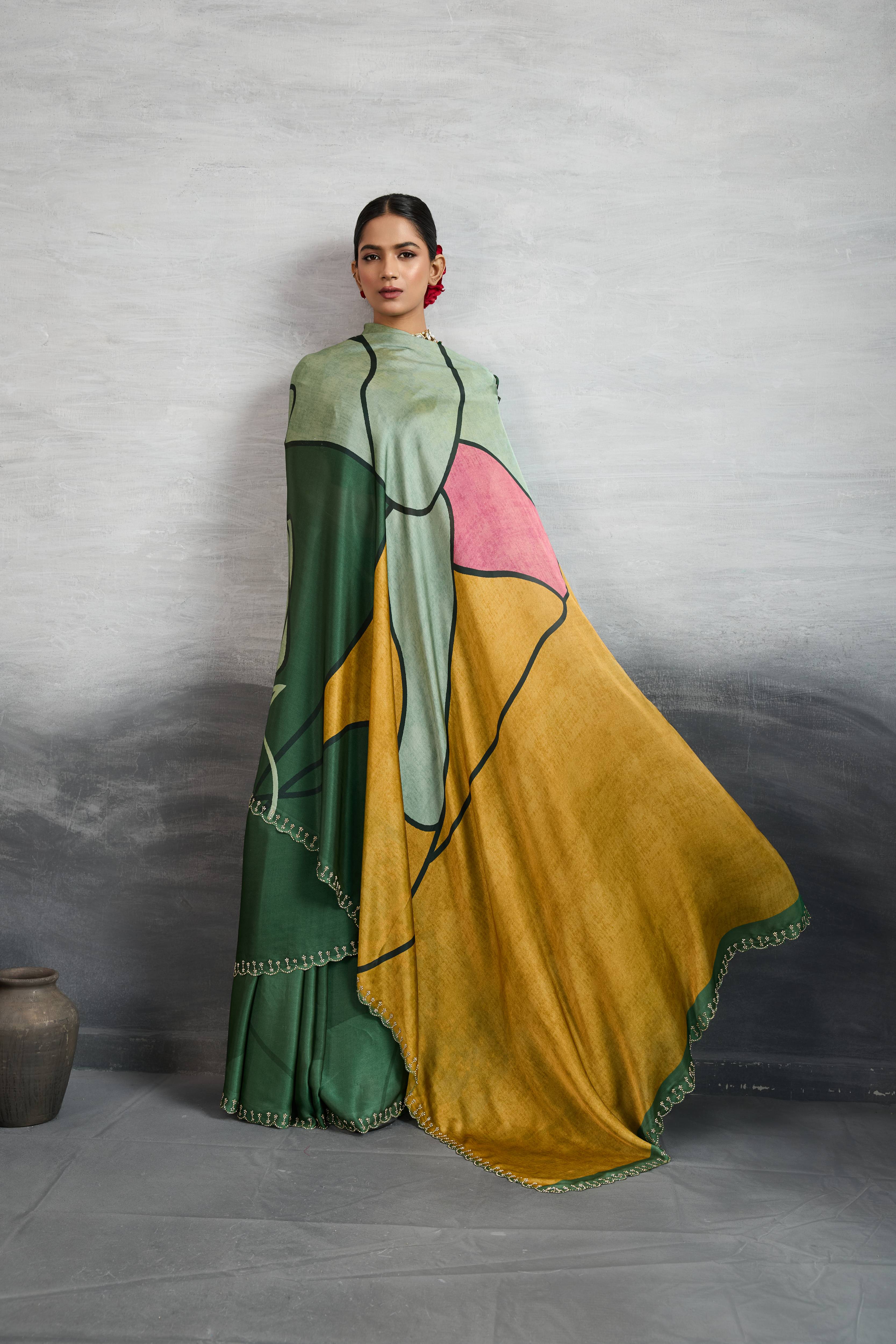 Elegant Green Satin Silk Saree with Digital Prints sedoracouture