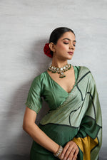 Elegant Green Satin Silk Saree with Digital Prints sedoracouture