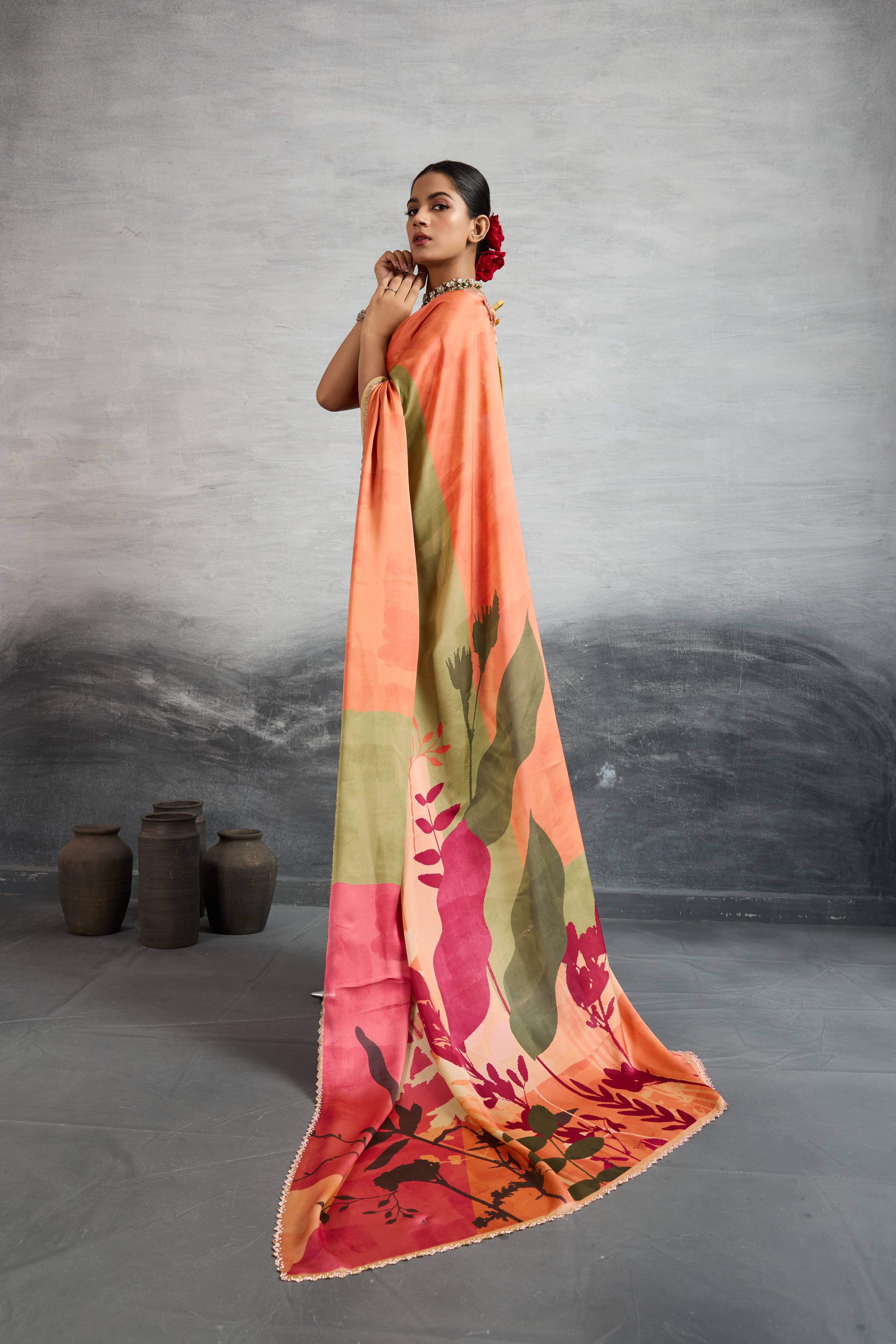 Radiant Orange Satin Silk Saree with Digital Prints