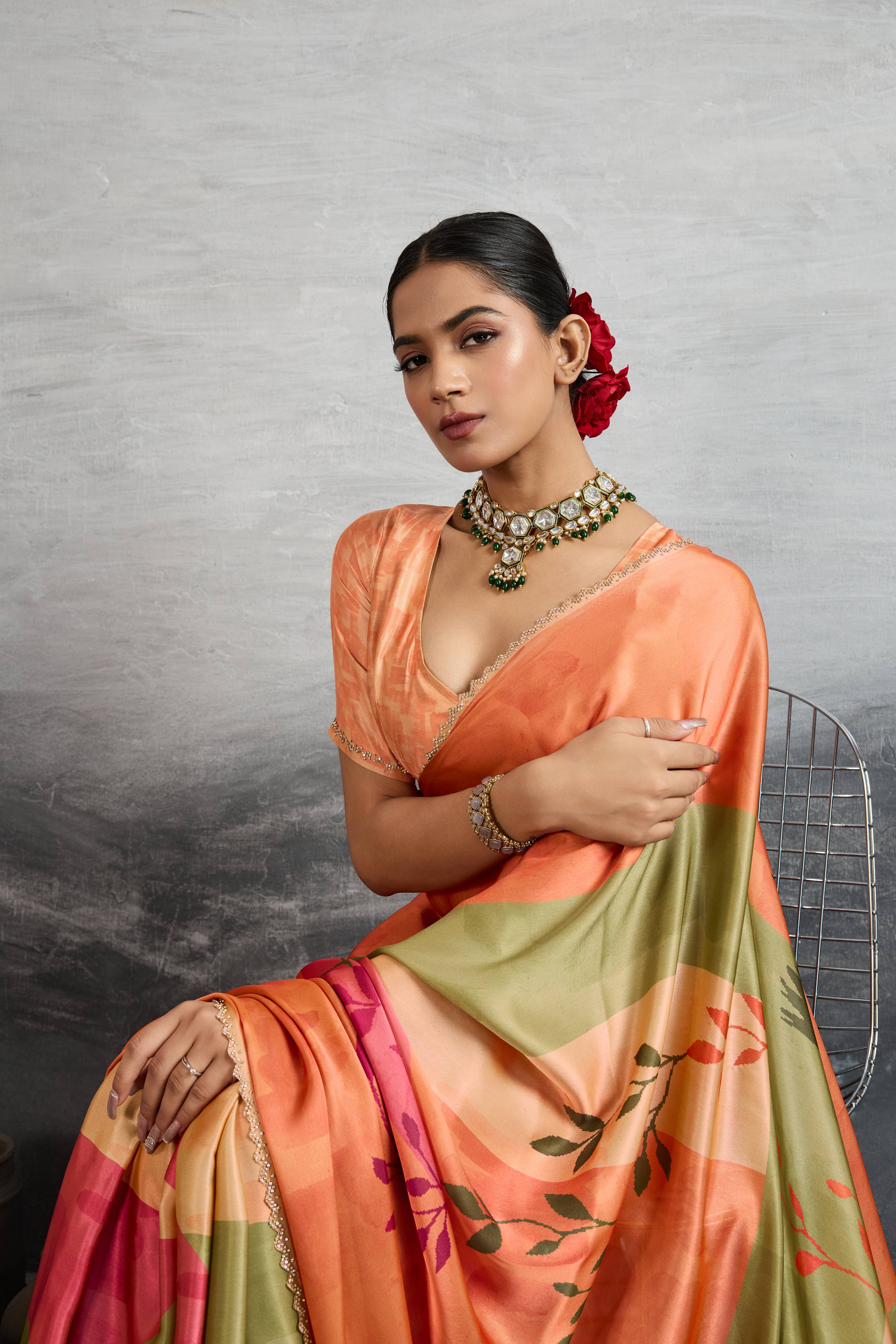 Radiant Orange Satin Silk Saree with Digital Prints