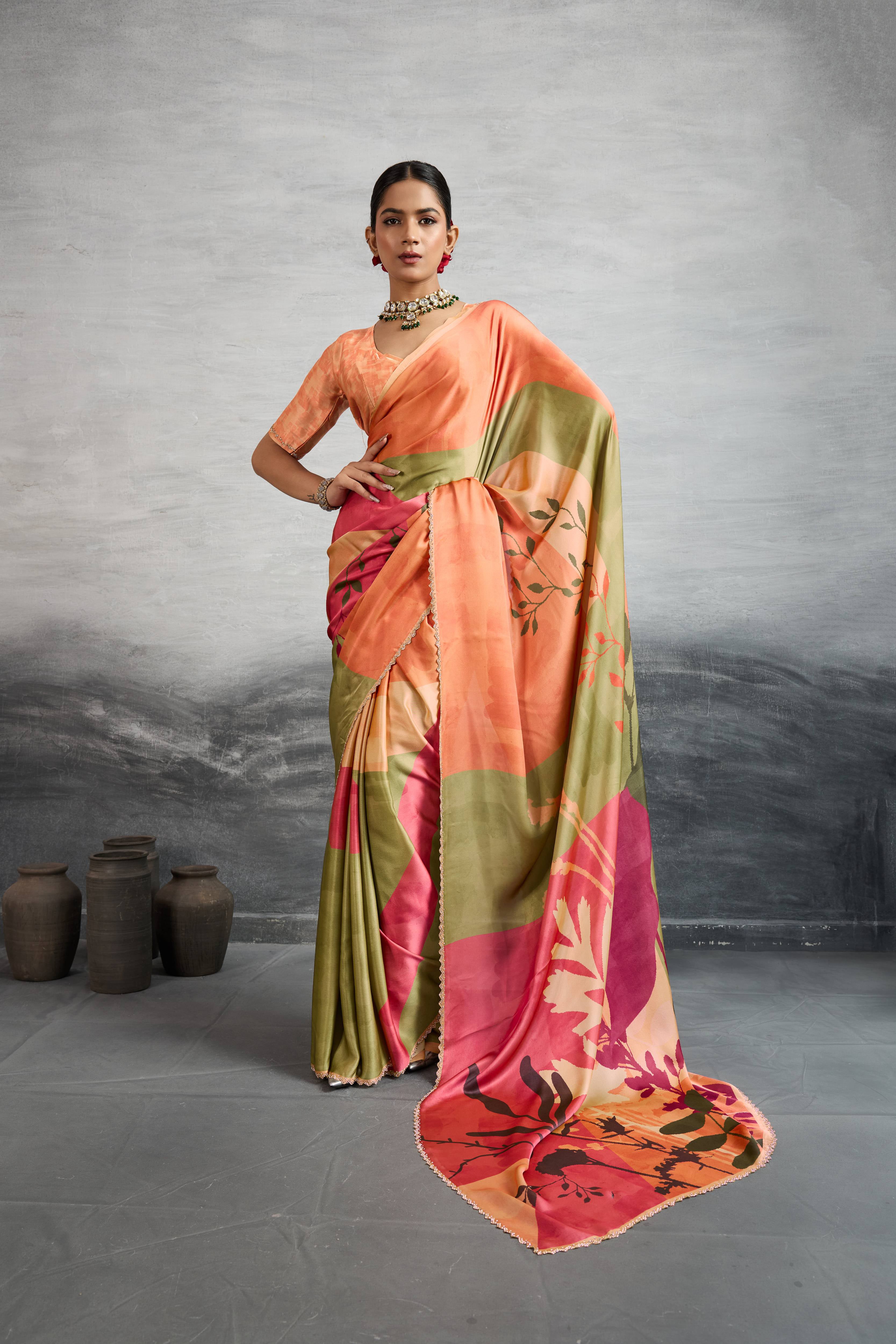 Radiant Orange Satin Silk Saree with Digital Prints