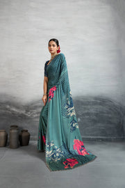 Timeless Blue Satin Silk Saree with Digital Prints