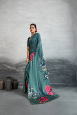 Timeless Blue Satin Silk Saree with Digital Prints sedoracouture