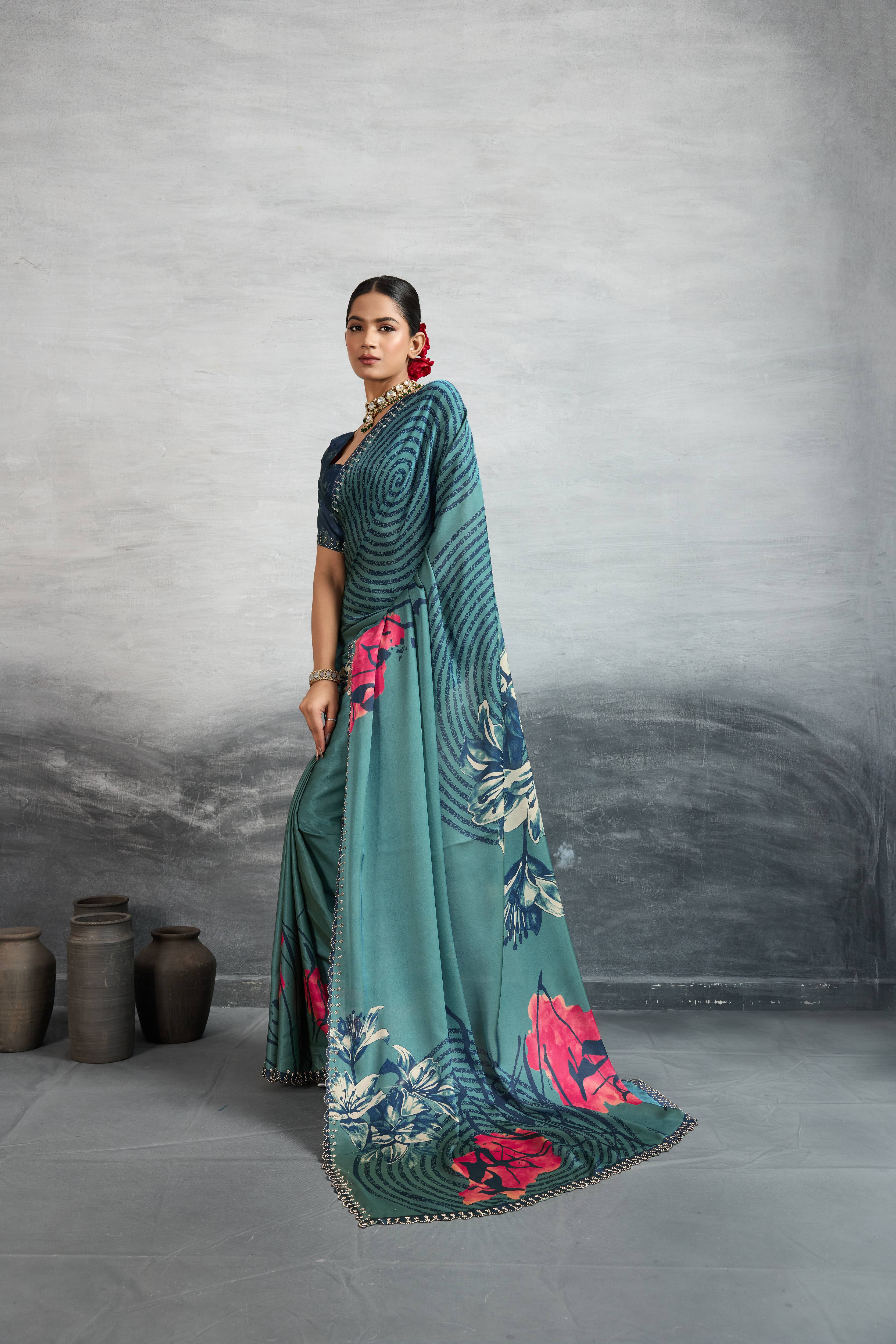 Timeless Blue Satin Silk Saree with Digital Prints sedoracouture