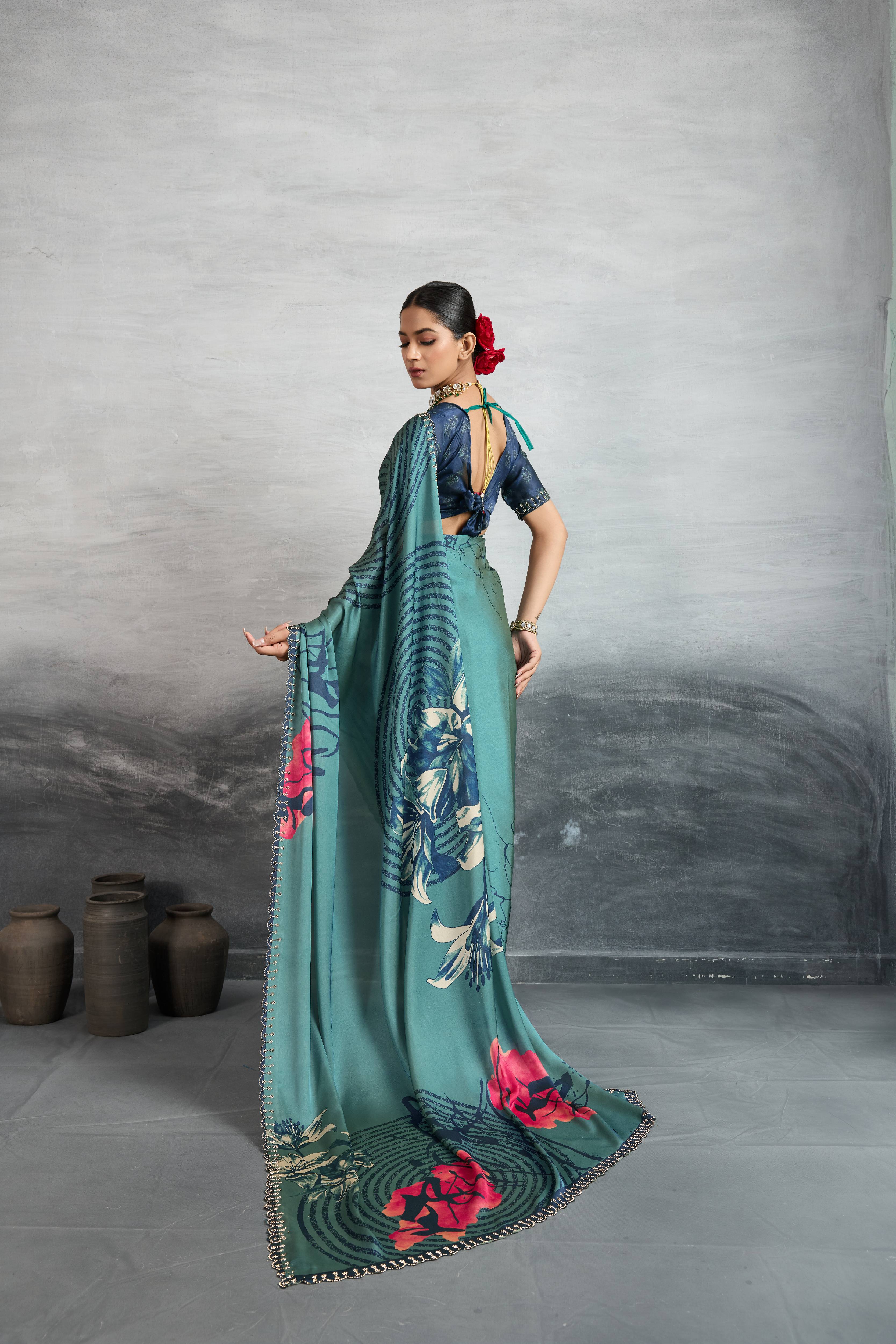 Timeless Blue Satin Silk Saree with Digital Prints