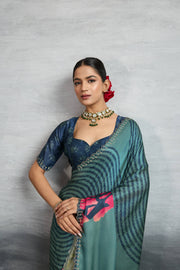 Timeless Blue Satin Silk Saree with Digital Prints