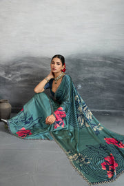 Timeless Blue Satin Silk Saree with Digital Prints